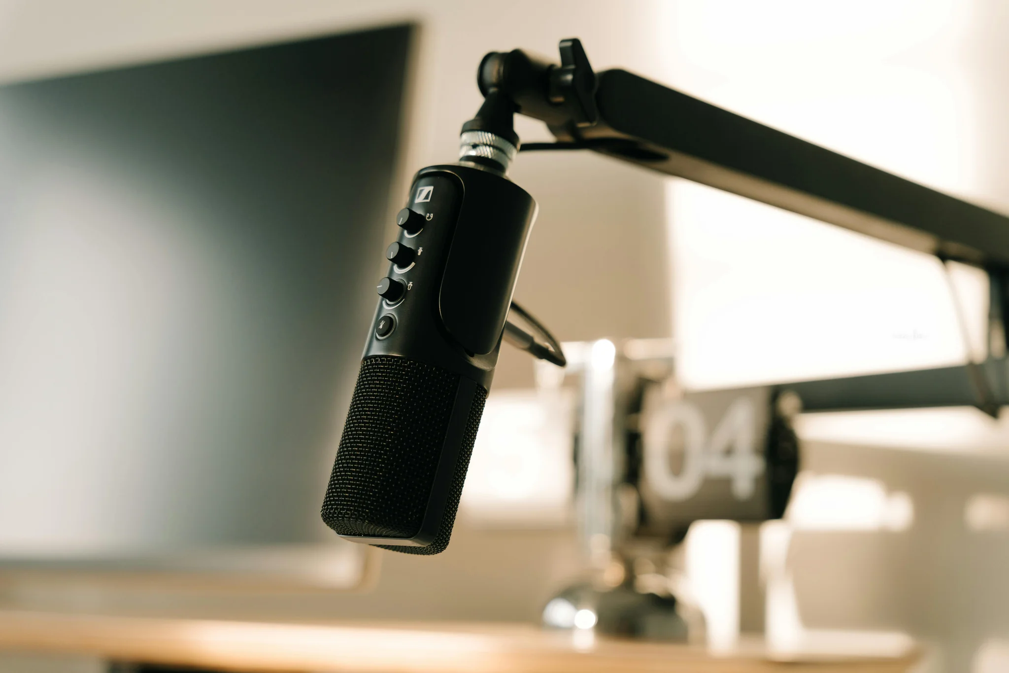 Podcast recording setup with professional microphone